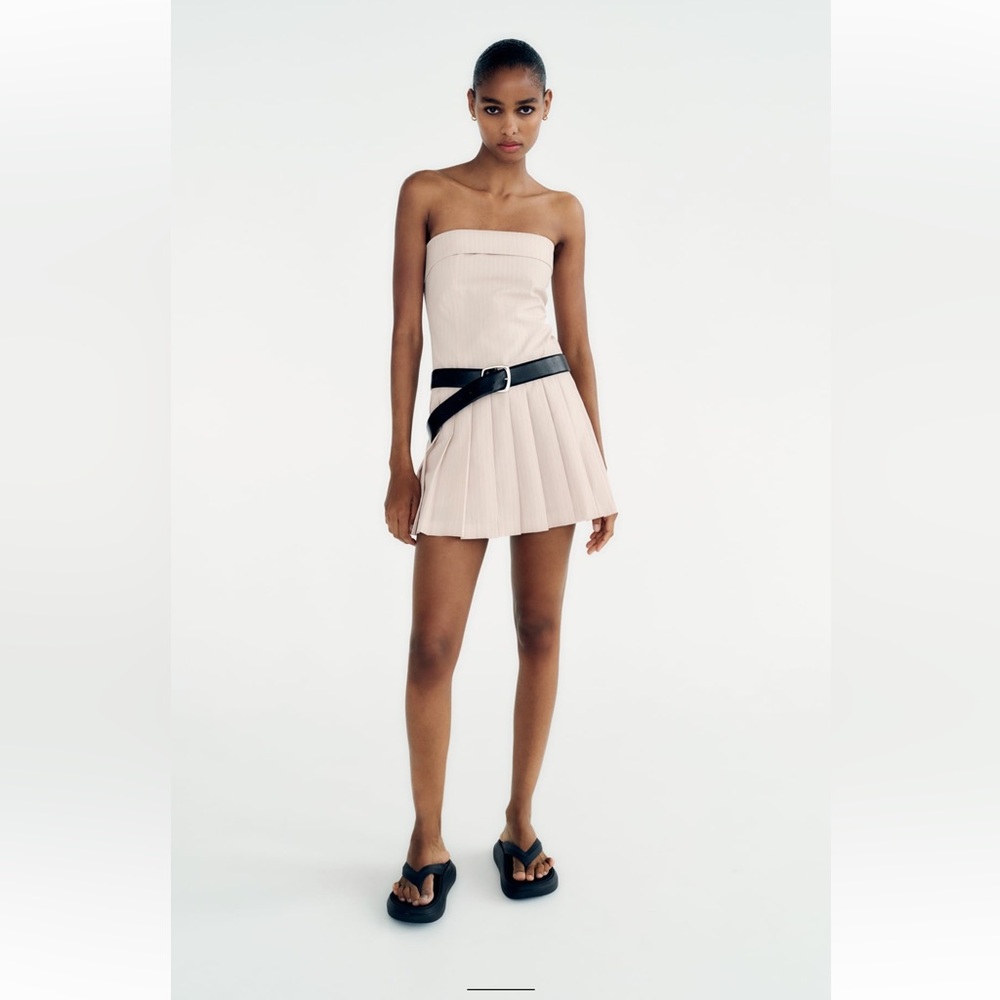 Zara medium pink and white pinstriped strapless dress